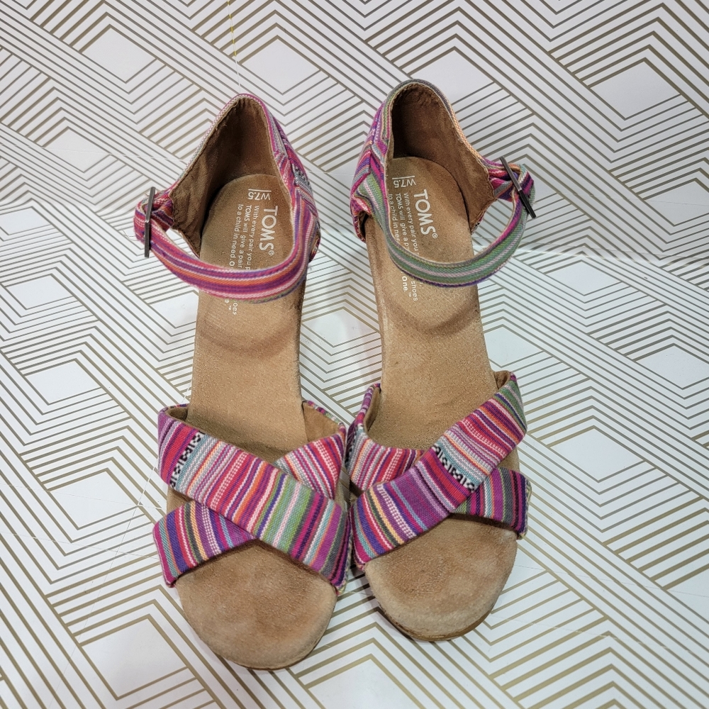 Toms Sienna Women's Multicolor Cork Wedge Sandals - Size 7.5 Ankle Buckle. - Picture 2 of 9
